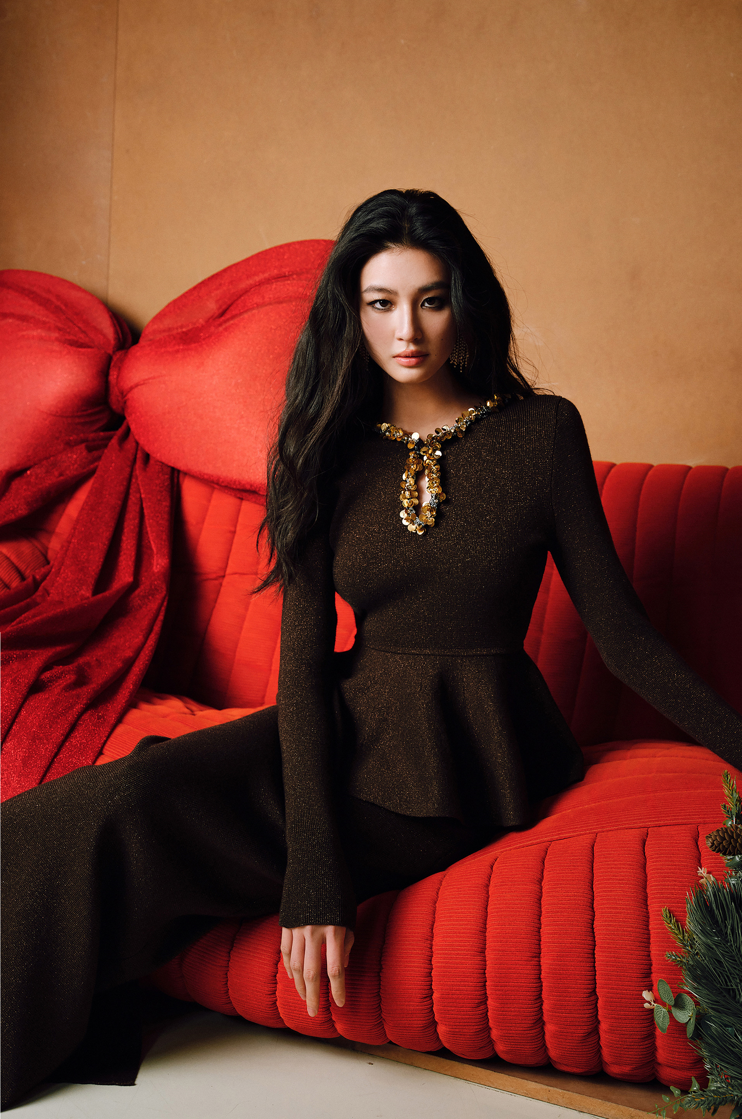 WANGXO | Water Drop Collar with Sequin Inlay Ruffle Hem Top & Skirt Set-VANA.