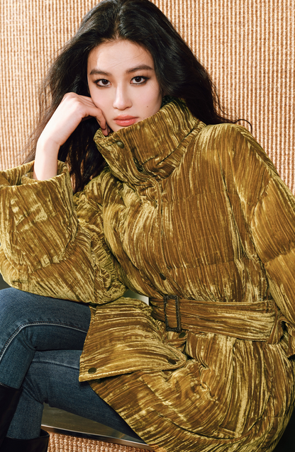 WANGXO |Pleated Velvet Jacket with Stand-Up Collar and Belt-ESMA.