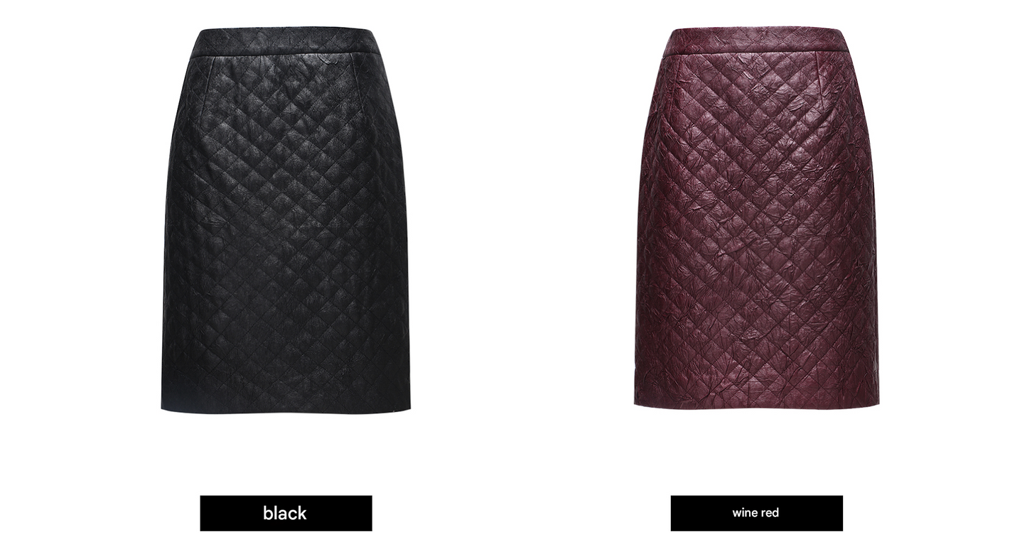 WANGXO | Raw Sheepskin-Pressed Leather High-Waisted Quilted Mini Skirt -TESA.