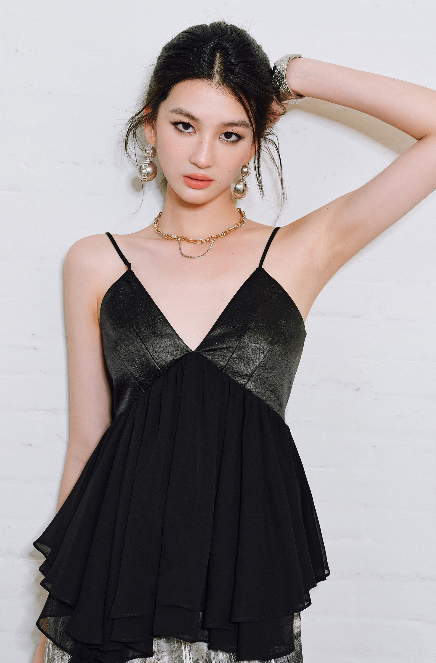 WANGXO | Chiffon Deep V Drawstring Draped Sling Top -MIRABELLE.