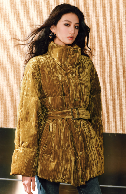 WANGXO |Pleated Velvet Jacket with Stand-Up Collar and Belt-ESMA.