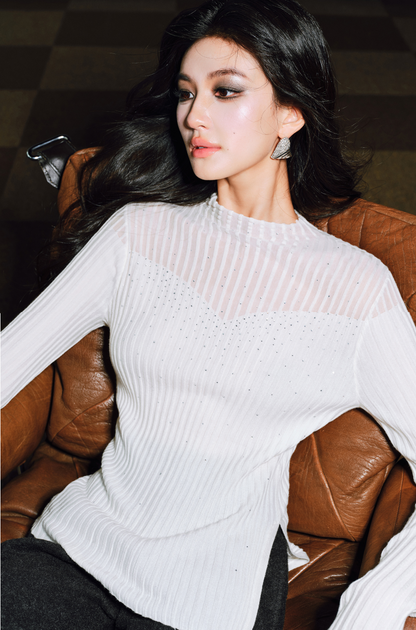 WANGXO | Worsted Wool with 3D Pit Stripes Openwork Diamond Detail Knitwear -ENYA.