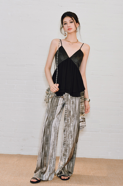 WANGXO | Chiffon Deep V Drawstring Draped Sling Top -MIRABELLE.