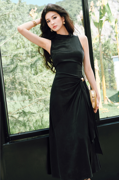 WANGXO | Luxe Cupro Maxi Sleeveless Drape Dress -ISOLINA.