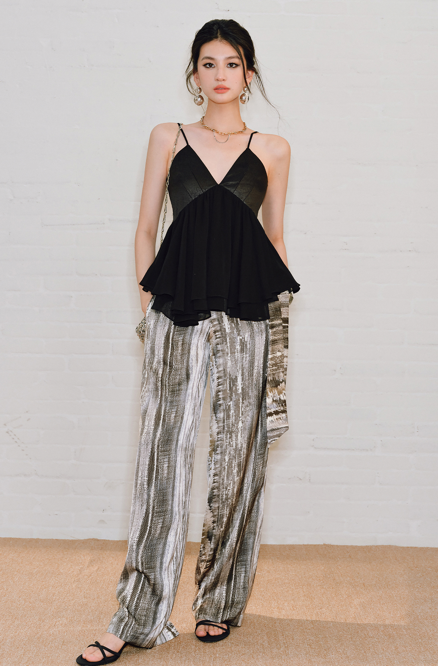 WANGXO | Chiffon Deep V Drawstring Draped Sling Top -MIRABELLE.