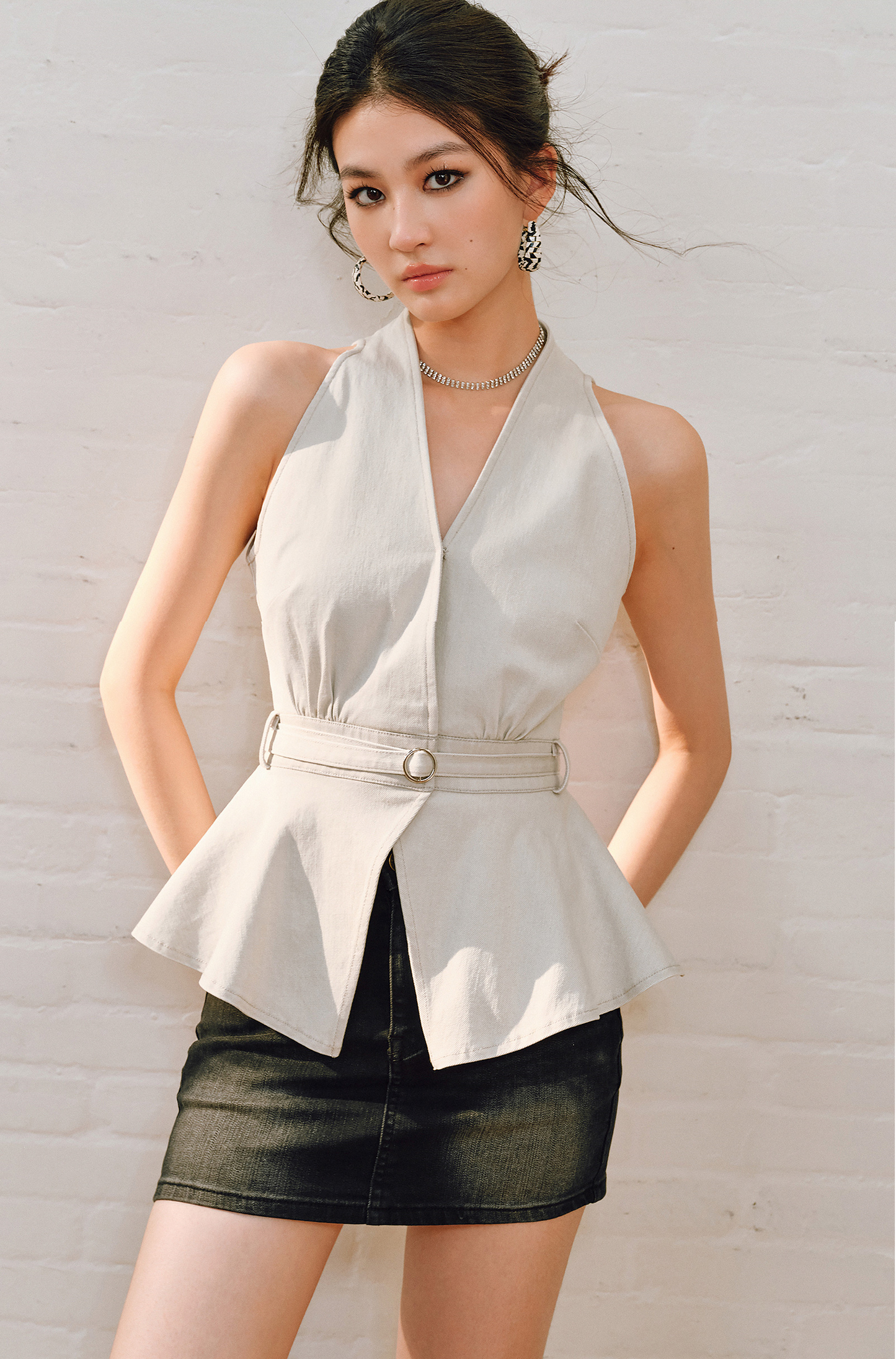 WANGXO | Soft Cotton Denim Halterneck Top -CALISTA.