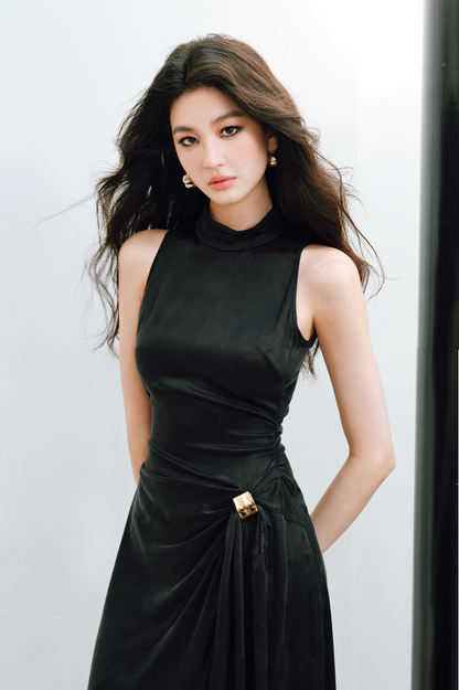 WANGXO | Luxe Cupro Maxi Sleeveless Drape Dress -ISOLINA.