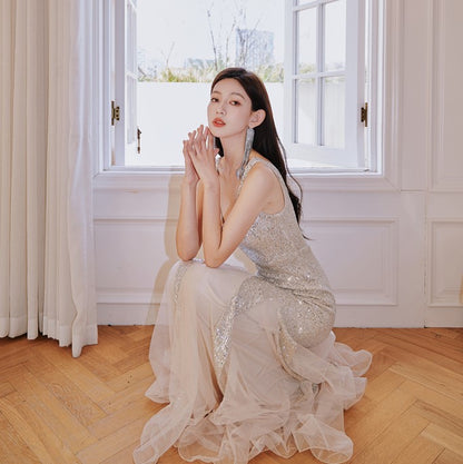 DOLLY Elegant Deep V-Neck Sleeveless Sequin Mesh Long Cocktail Dress-JUSTINA