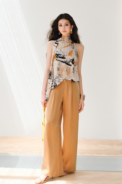 WANGXO | Satin Oil-Paint Floral Shadow Silken Drape Top -EVELISE.