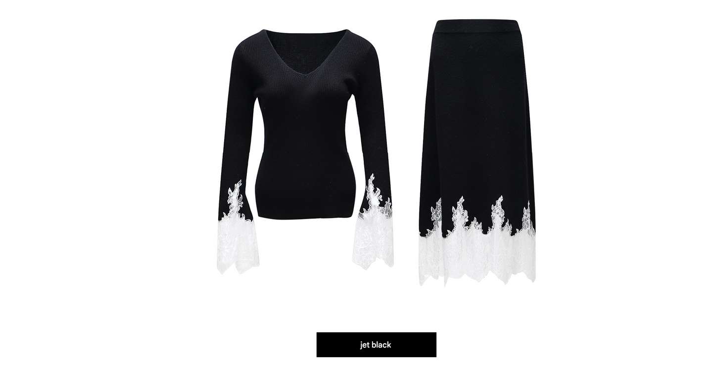 WANGXO | Merino wool eyelash lace french knitting top and skirt set -MILA.