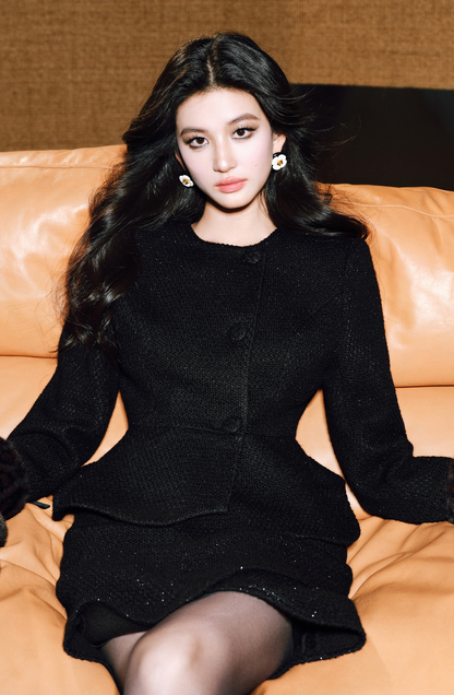 WANGXO | Detachable Leopard Sleeves Ruffle Hem Jacket & Flower Bud Skirt Set-NOYA.