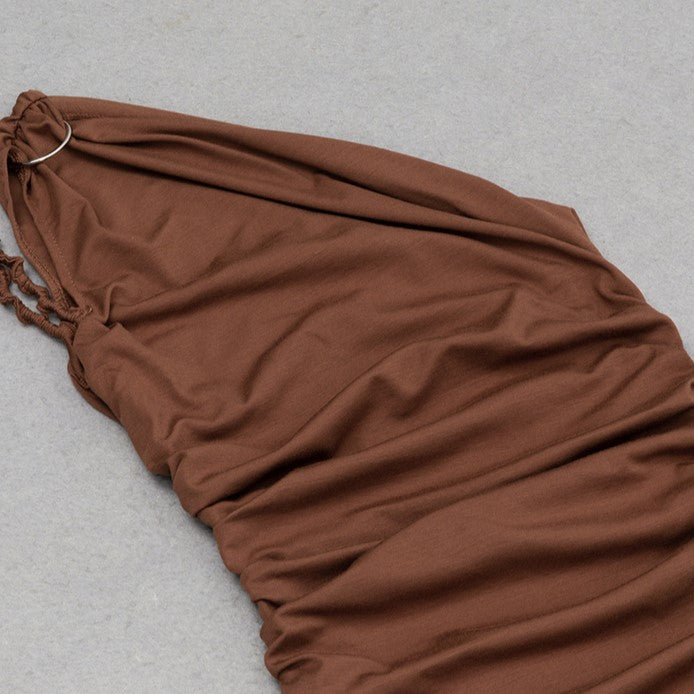 DOLLY High End Caramel Coffee Slant Collar Sleeveless High Waist Long Dinner Dress-CALYPSO  (V)