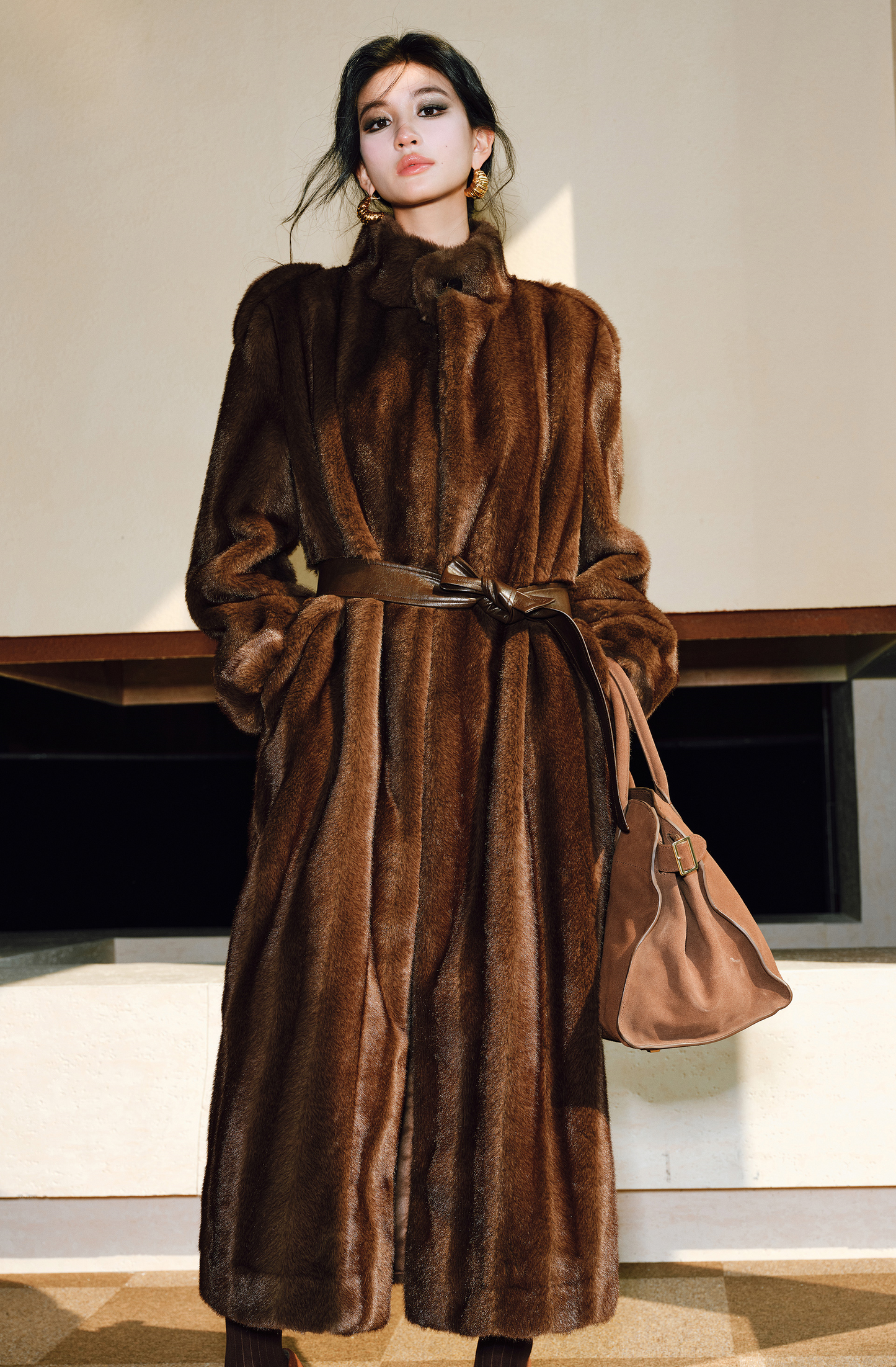 WANGXO | Tibetan Pas-Striped Mink Texture Belted Fur Coat -YUNI.