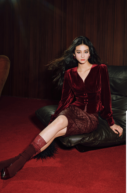 WANGXO | Light & Shadow Korean Velvet V-Neck Crop Top-LENA.