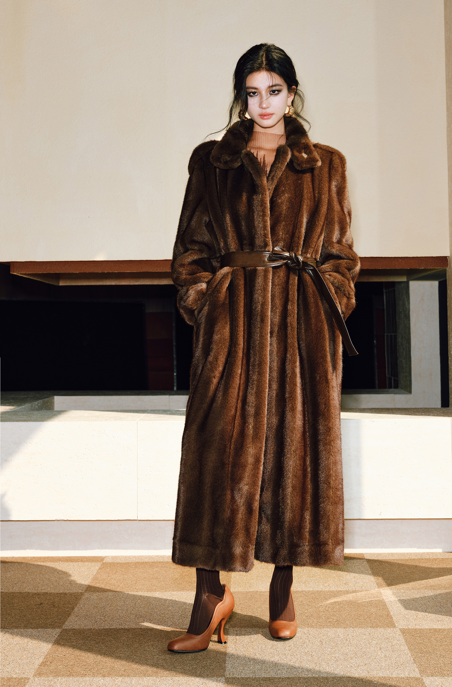 WANGXO | Tibetan Pas-Striped Mink Texture Belted Fur Coat -YUNI.