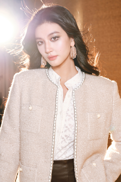 WANGXO | Silk Wool Tweed White Duck Down Jacket-ZAYA.