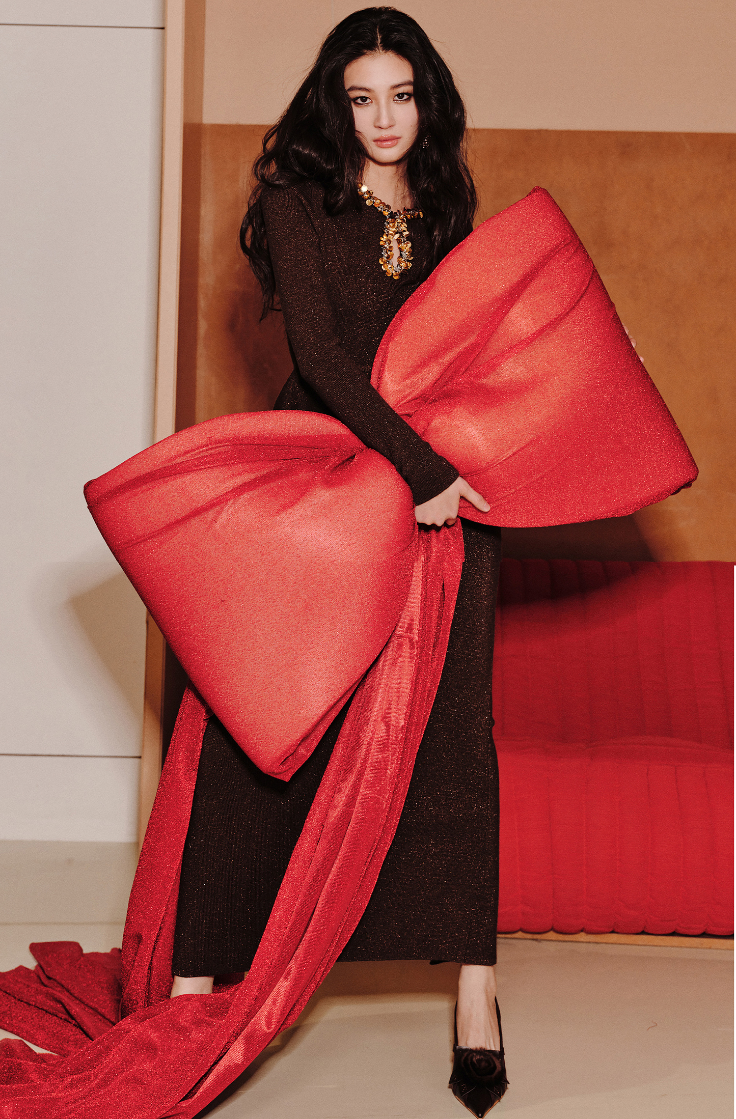 WANGXO | Water Drop Collar with Sequin Inlay Ruffle Hem Top & Skirt Set-VANA.