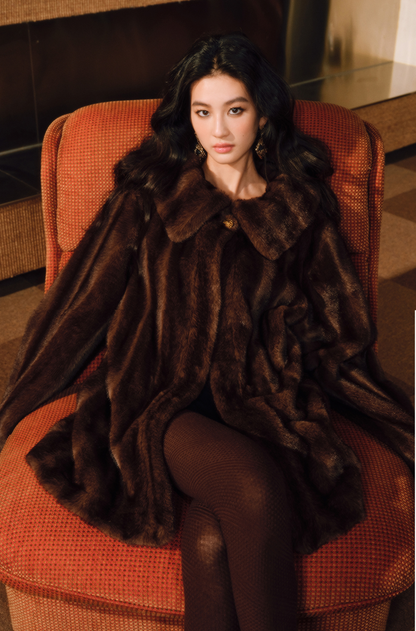 WANGXO | Tibetan Pas-Striped Mink Texture Belted Fur Coat -YUNI.