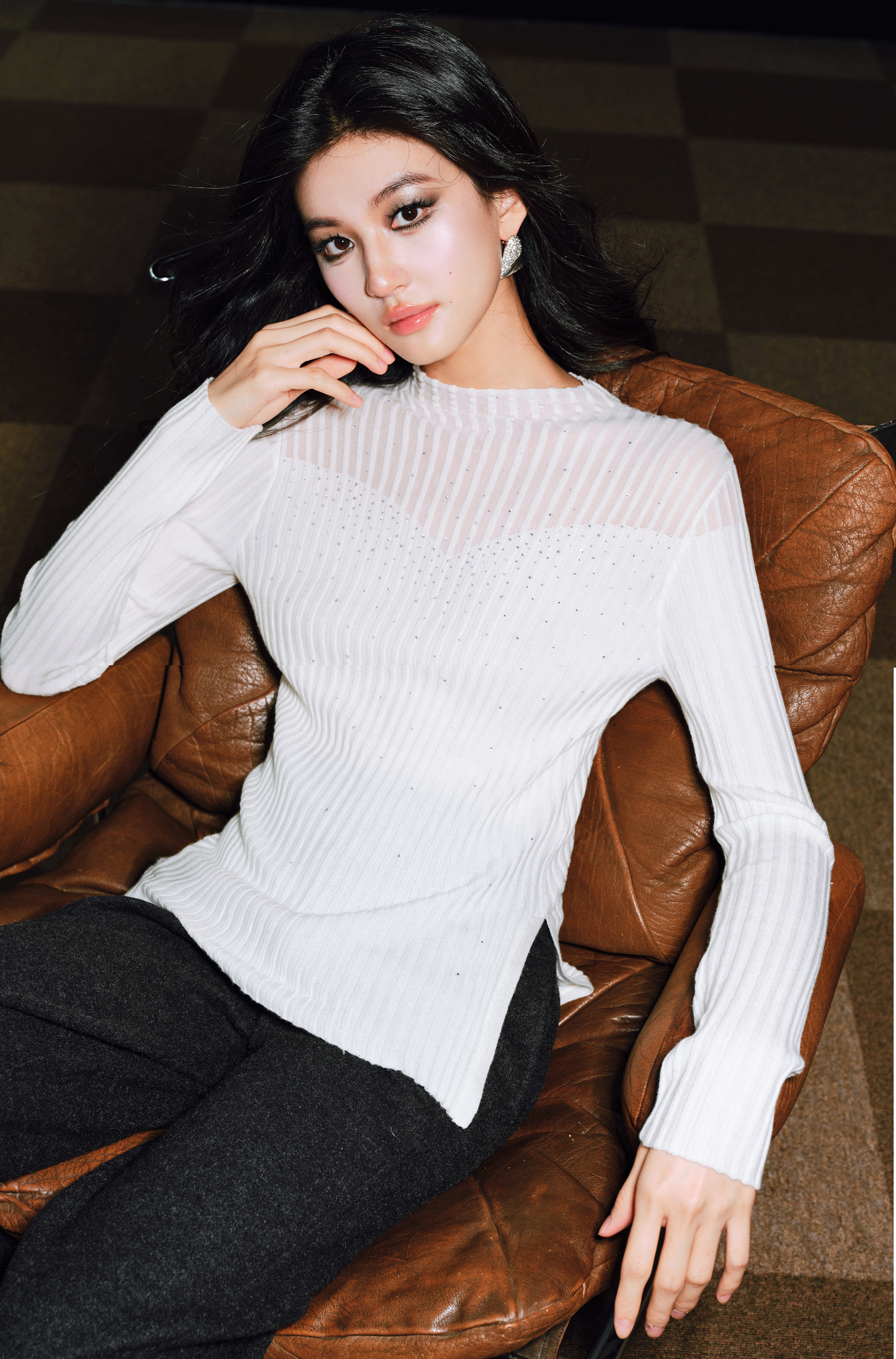 WANGXO | Worsted Wool with 3D Pit Stripes Openwork Diamond Detail Knitwear -ENYA.