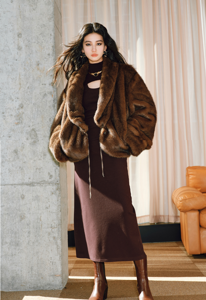 WANGXO | Delicate 12-Needle Wool Pit Texture U-Neck Side Pleated Dress- RINA.