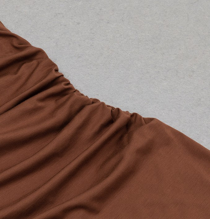 DOLLY High End Caramel Coffee Slant Collar Sleeveless High Waist Long Dinner Dress-CALYPSO  (V)