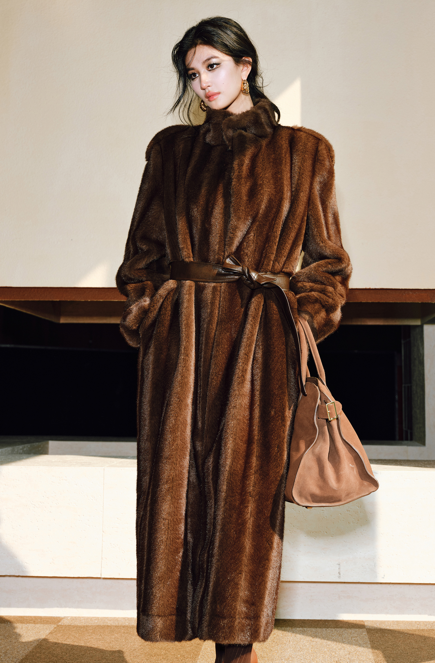 WANGXO | Tibetan Pas-Striped Mink Texture Belted Fur Coat -YUNI.