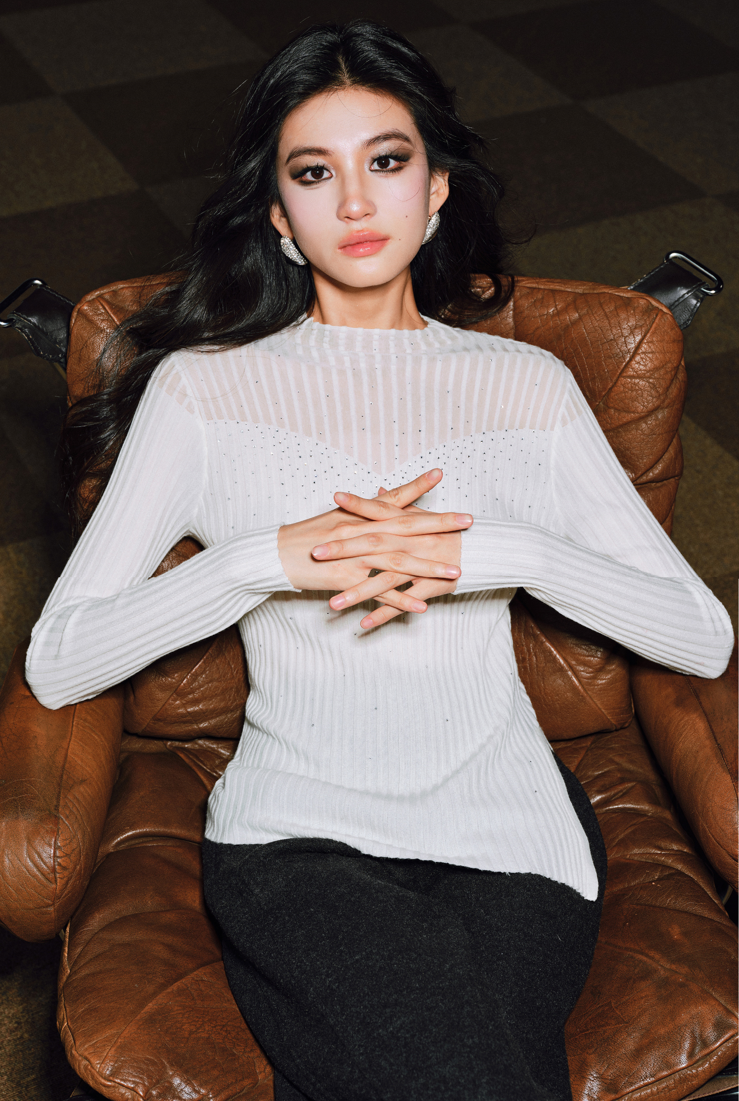 WANGXO | Worsted Wool with 3D Pit Stripes Openwork Diamond Detail Knitwear -ENYA.