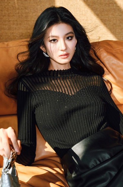 WANGXO | Worsted Wool with 3D Pit Stripes Openwork Diamond Detail Knitwear -ENYA.