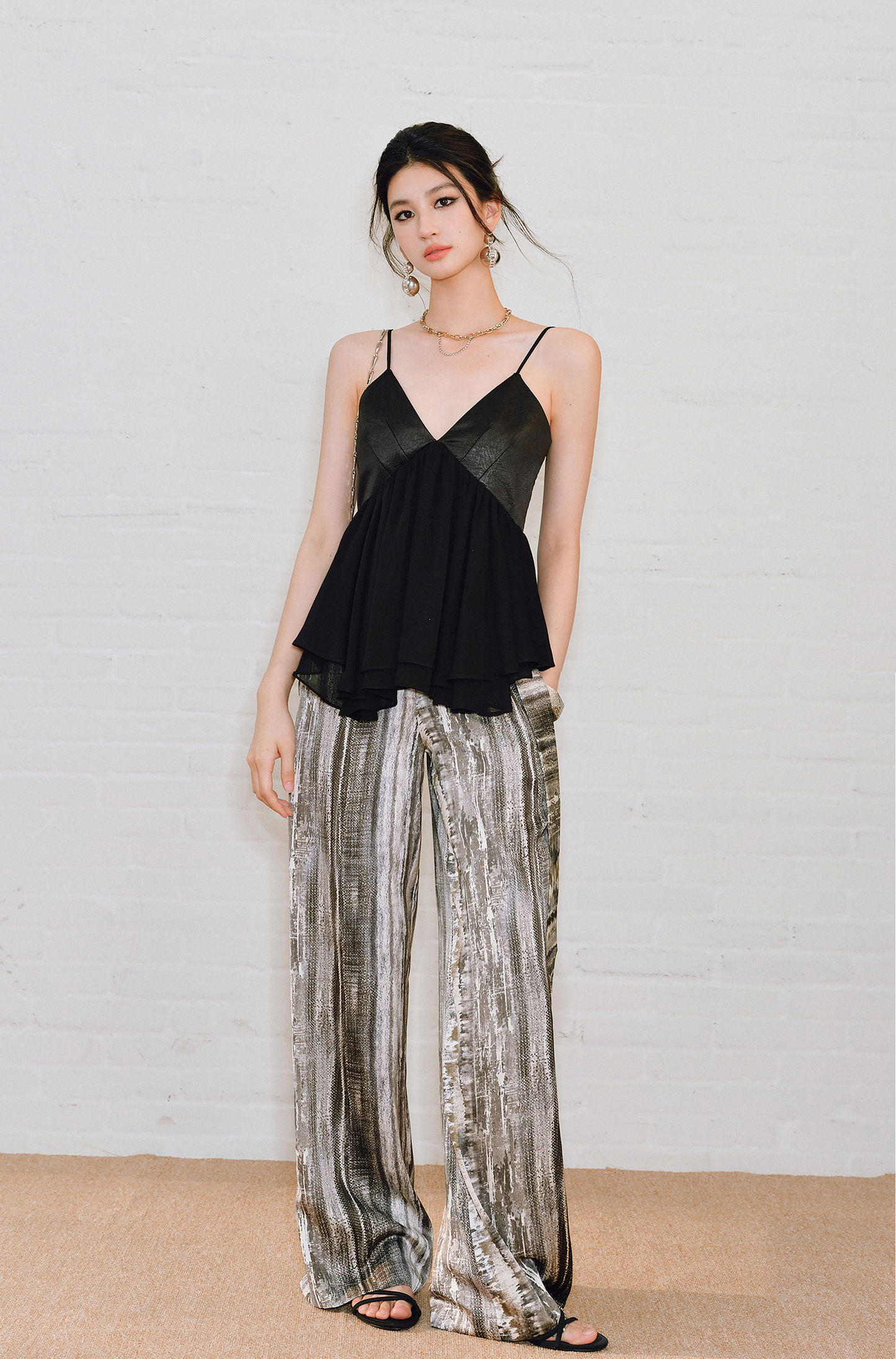 WANGXO | Chiffon Deep V Drawstring Draped Sling Top -MIRABELLE.