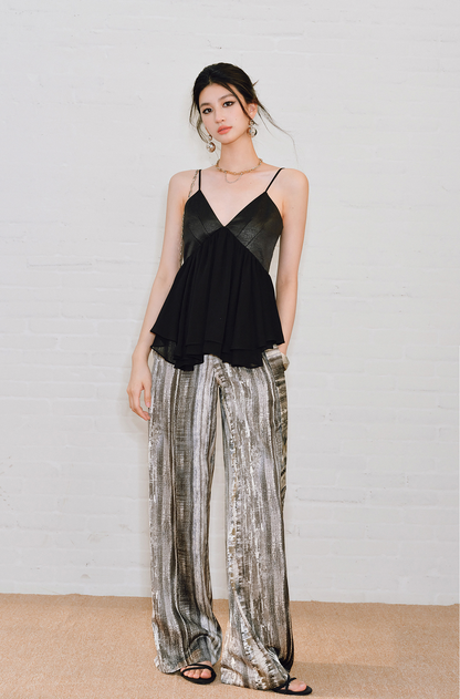 WANGXO | Chiffon Deep V Drawstring Draped Sling Top -MIRABELLE.