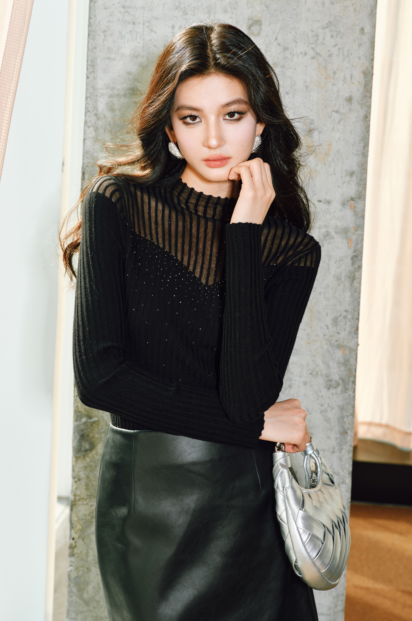 WANGXO | Worsted Wool with 3D Pit Stripes Openwork Diamond Detail Knitwear -ENYA.