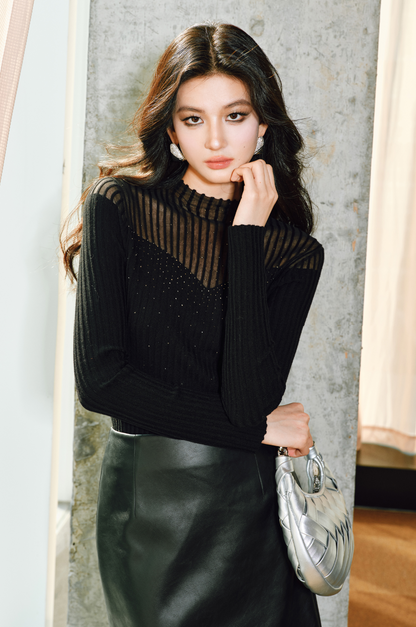 WANGXO | Worsted Wool with 3D Pit Stripes Openwork Diamond Detail Knitwear -ENYA.