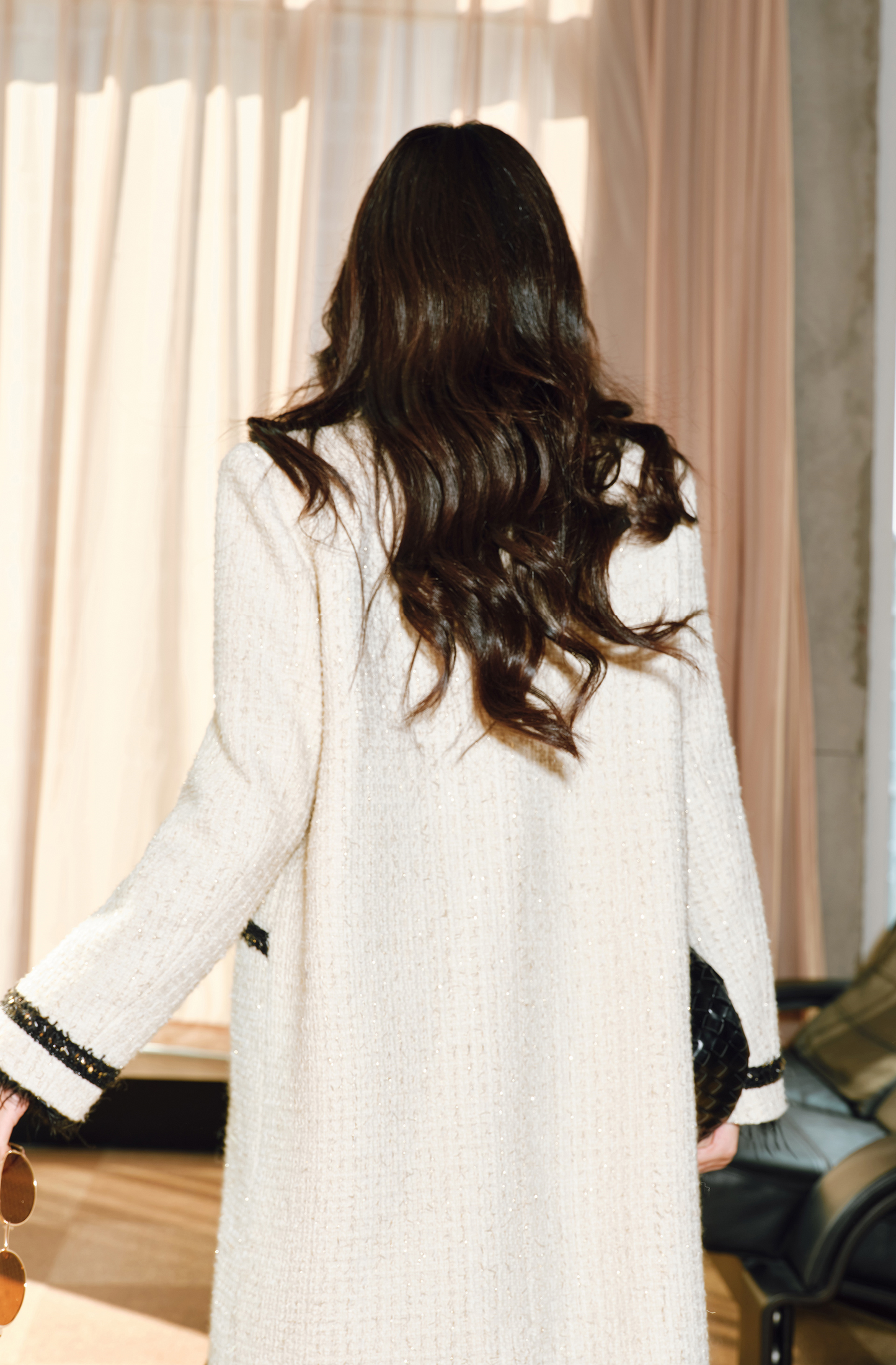 WANGXO | Embossed Shiny Onion Wool Tweed Long Coat with Shawl Collar - MYRA.