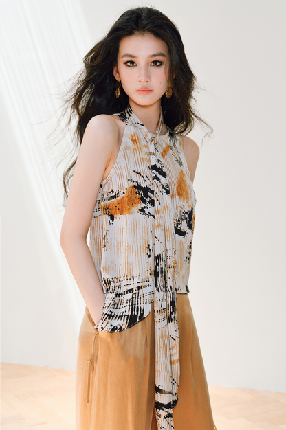 WANGXO | Satin Oil-Paint Floral Shadow Silken Drape Top -EVELISE.