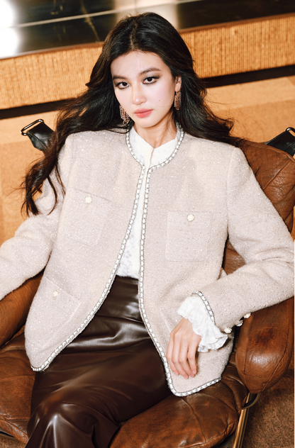 WANGXO | Silk Wool Tweed White Duck Down Jacket-ZAYA.