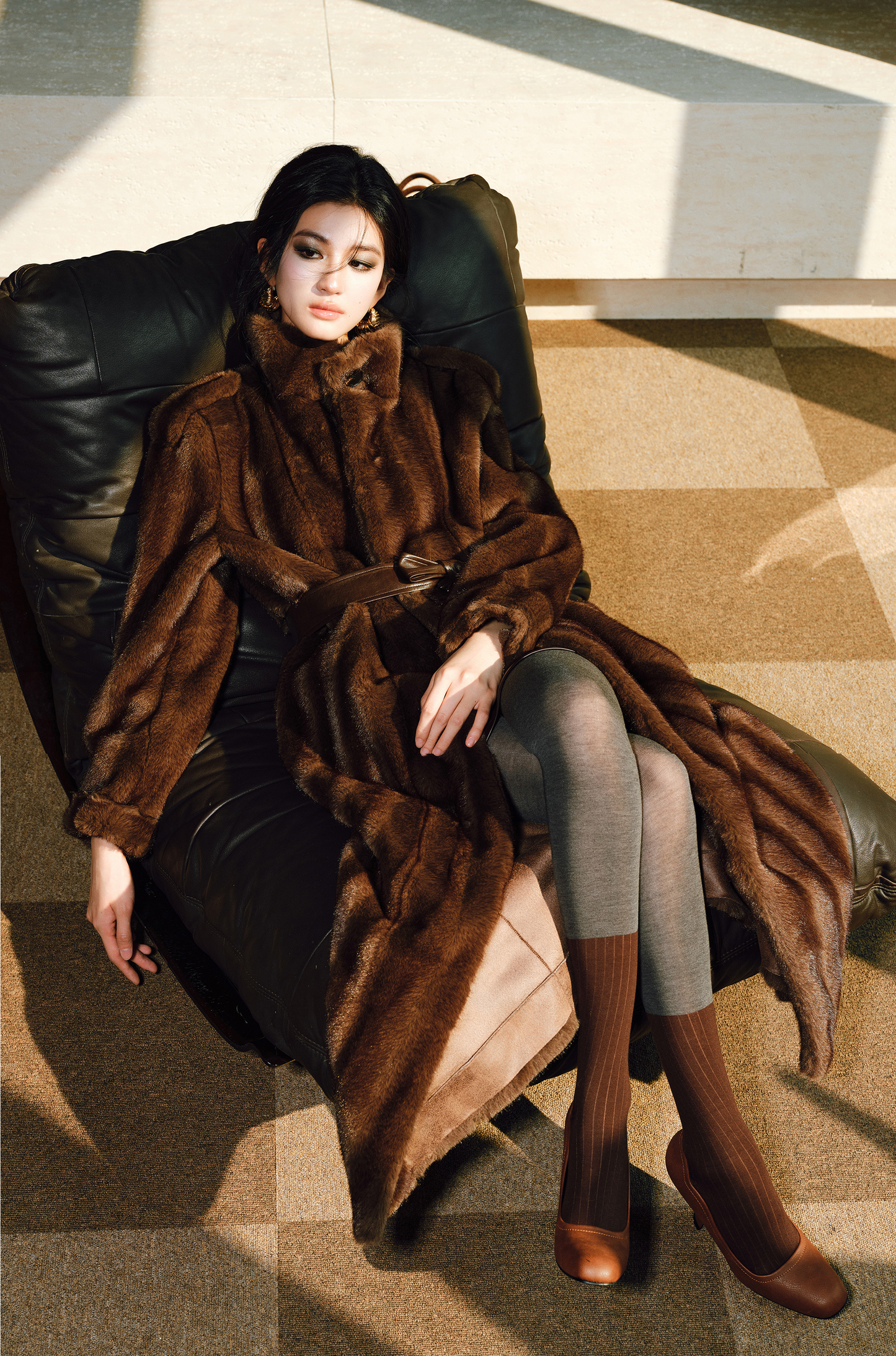 WANGXO | Tibetan Pas-Striped Mink Texture Belted Fur Coat -YUNI.