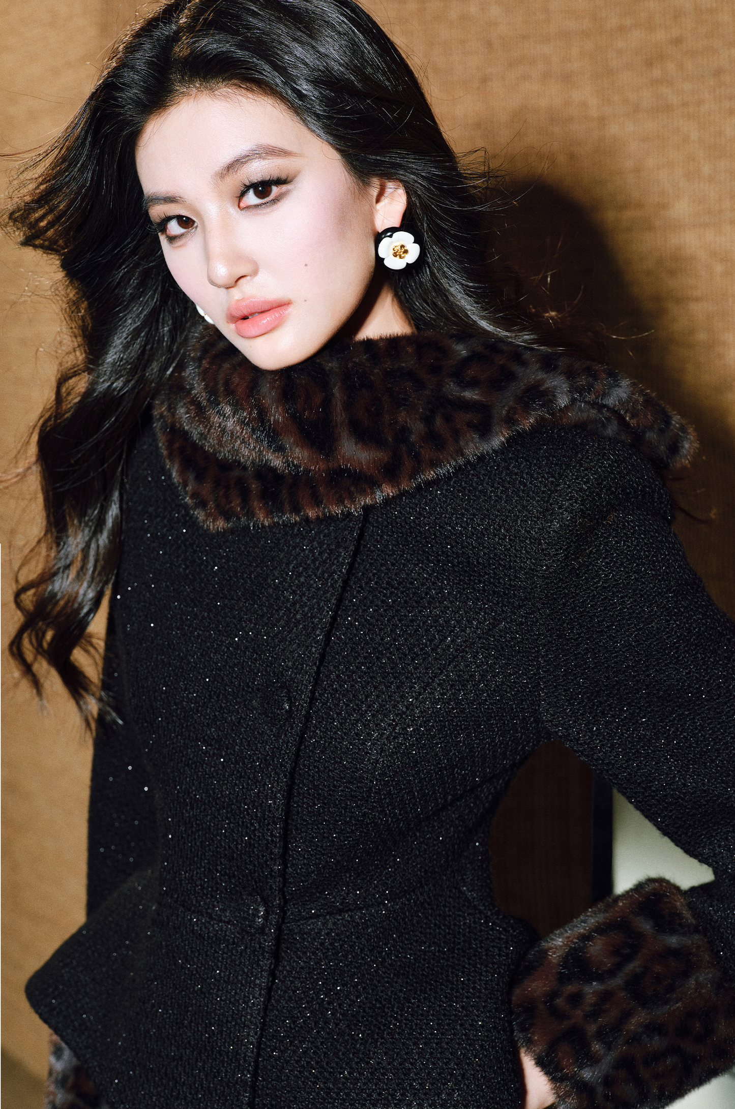 WANGXO | Detachable Leopard Sleeves Ruffle Hem Jacket & Flower Bud Skirt Set-NOYA.