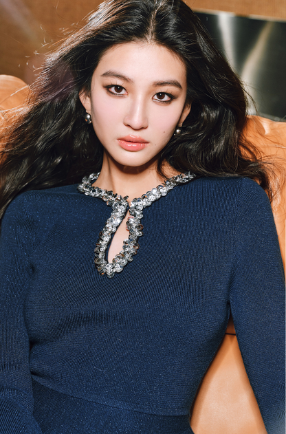 WANGXO | Water Drop Collar with Sequin Inlay Ruffle Hem Top & Skirt Set-VANA.