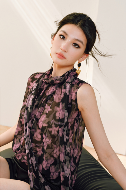 WANGXO | Stand Collar Shun Yu Wrinkled Print Sleeveless Ribbon Shirt -EVELINA.