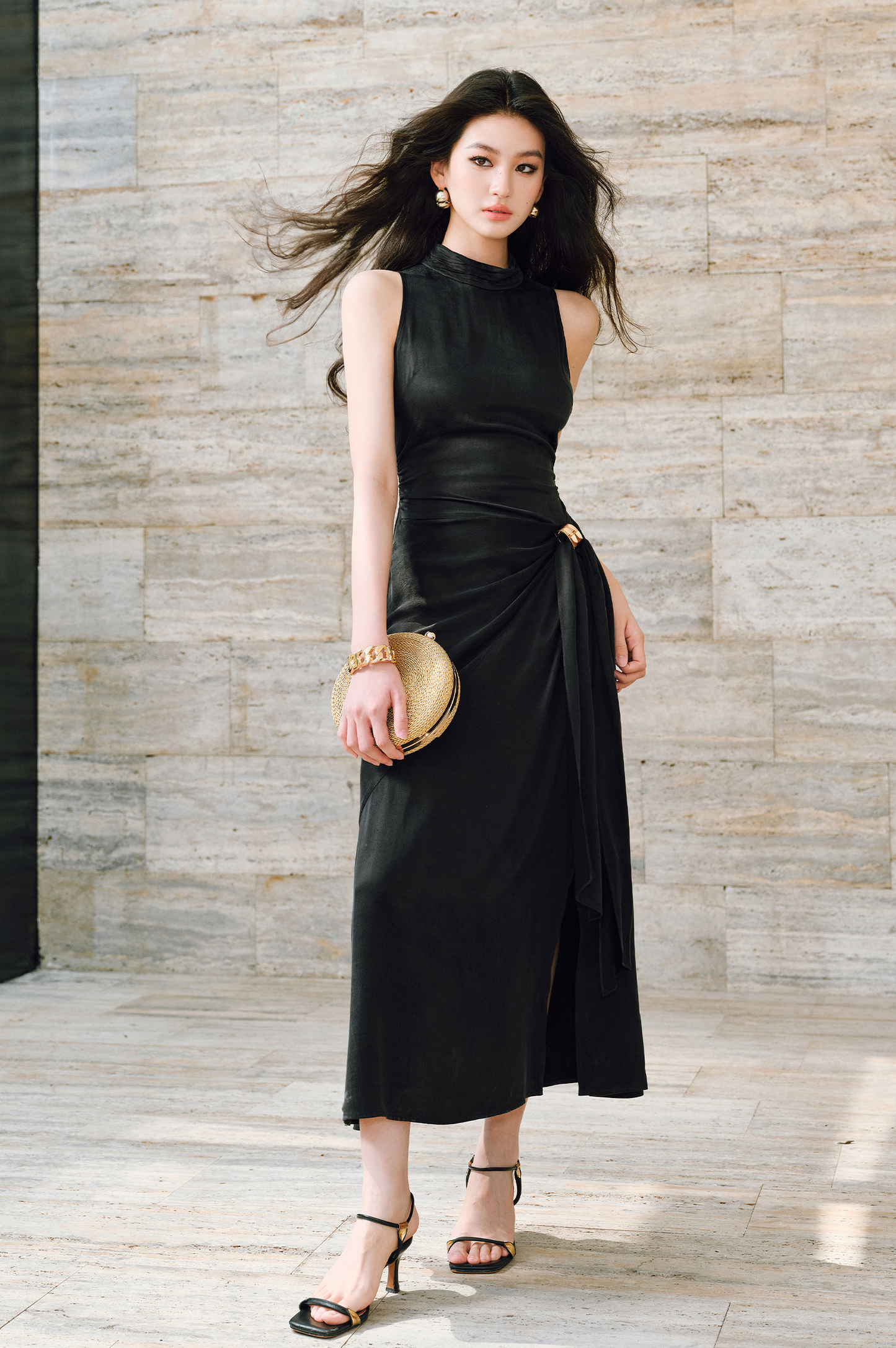 WANGXO | Luxe Cupro Maxi Sleeveless Drape Dress -ISOLINA.