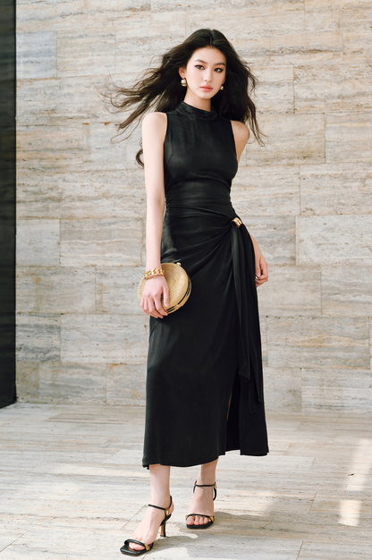 WANGXO | Luxe Cupro Maxi Sleeveless Drape Dress -ISOLINA.