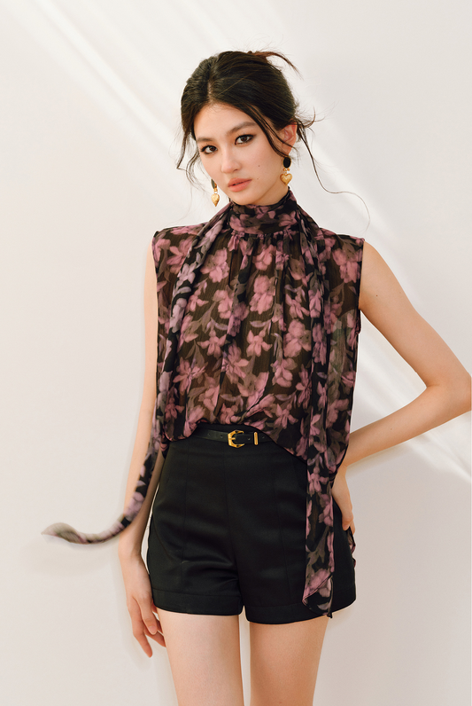 WANGXO | Stand Collar Shun Yu Wrinkled Print Sleeveless Ribbon Shirt -EVELINA.
