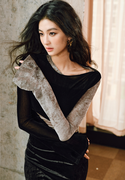 WANGXO | Soft Velvet 3-Yarn Stitching Pleated Slim-Fit Knitted Dress- LENA.