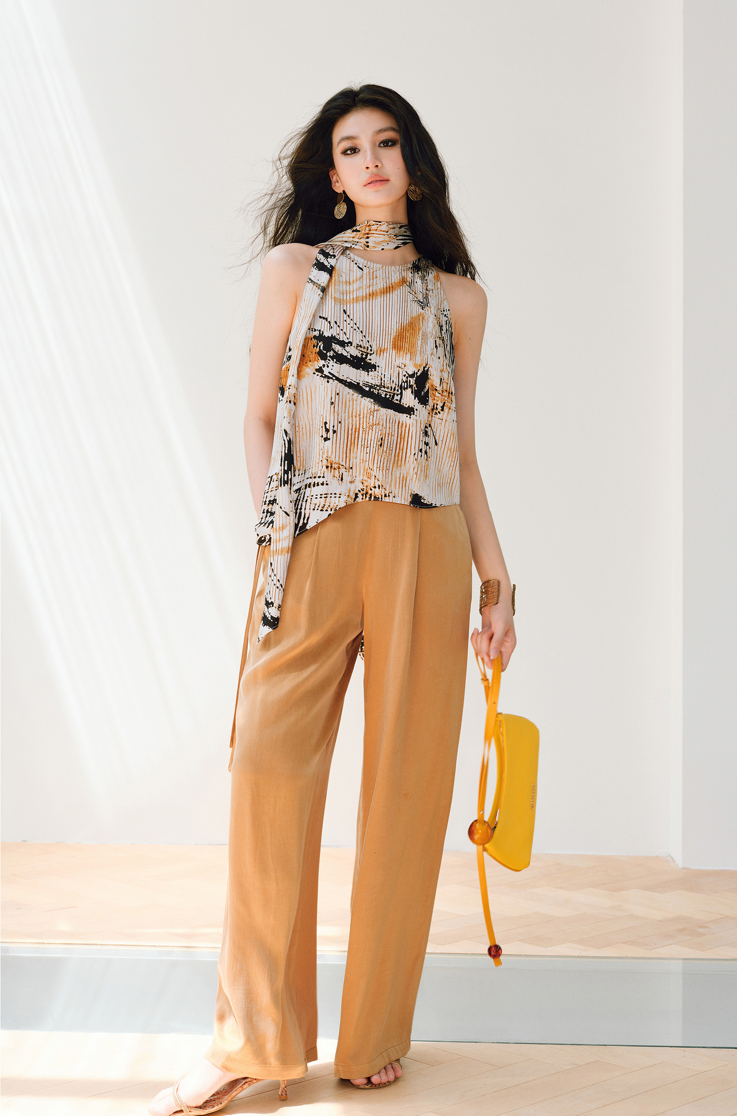 WANGXO | Satin Oil-Paint Floral Shadow Silken Drape Top -EVELISE.