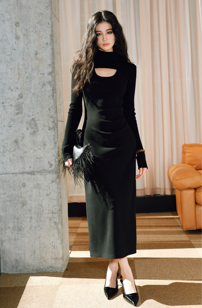 WANGXO | Delicate 12-Needle Wool Pit Texture U-Neck Side Pleated Dress- RINA.