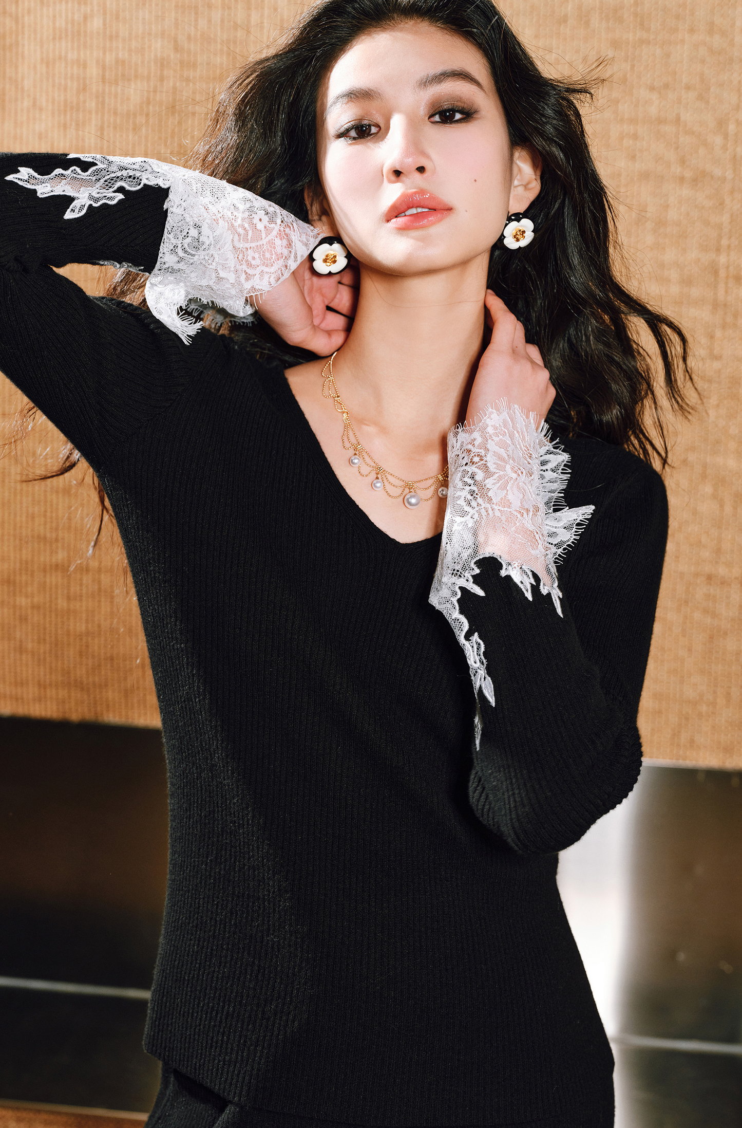 WANGXO | Merino wool eyelash lace french knitting top and skirt set -MILA.