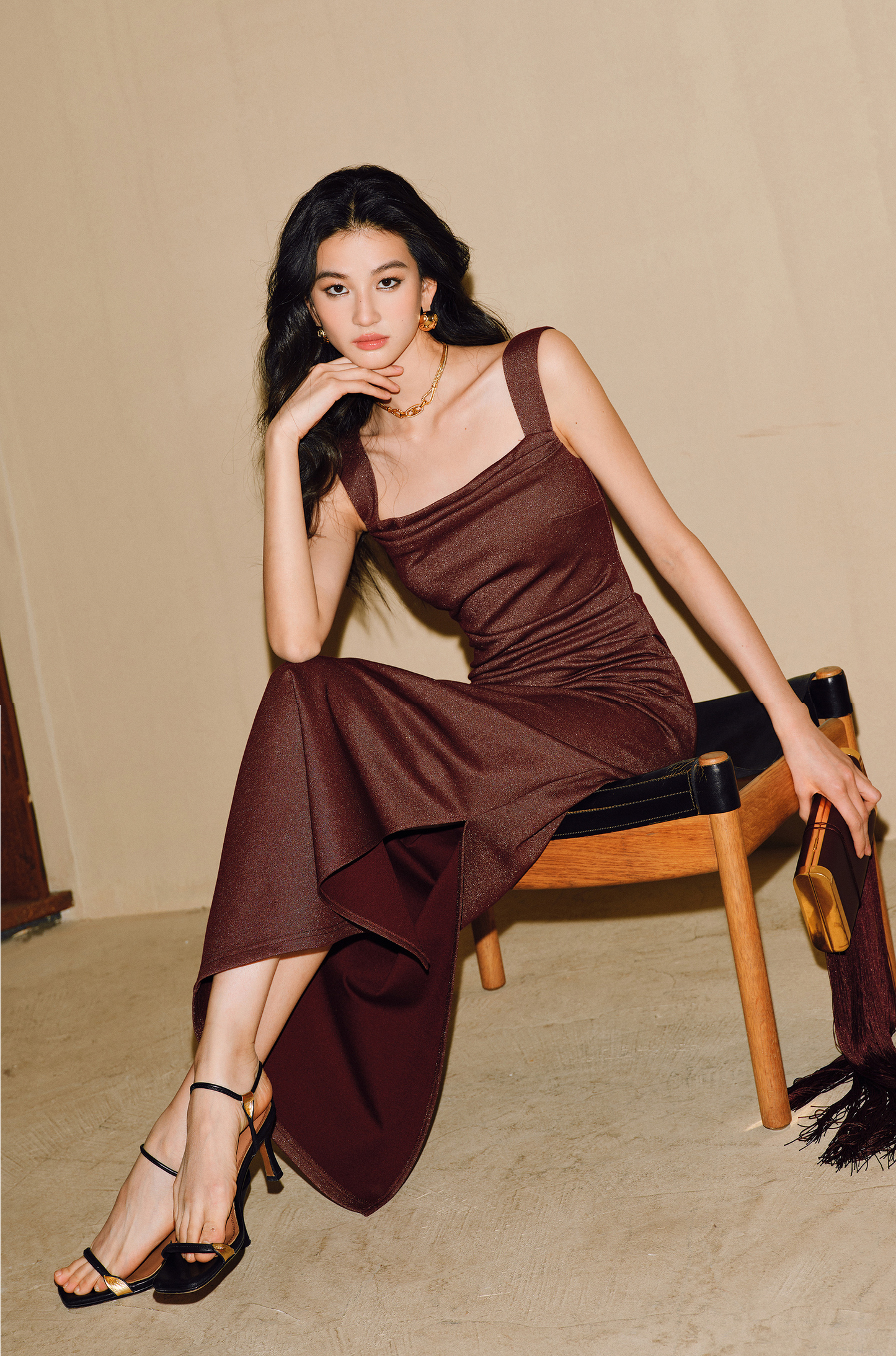WANGXO | Shiny Silk Stretch Roman Knitwear Square Neck Hip Dress-MIRE.