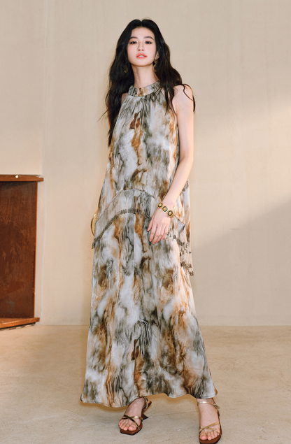 WANGXO | Satin Jacquard Beaded Tassel Halterneck Dress -LUMI.