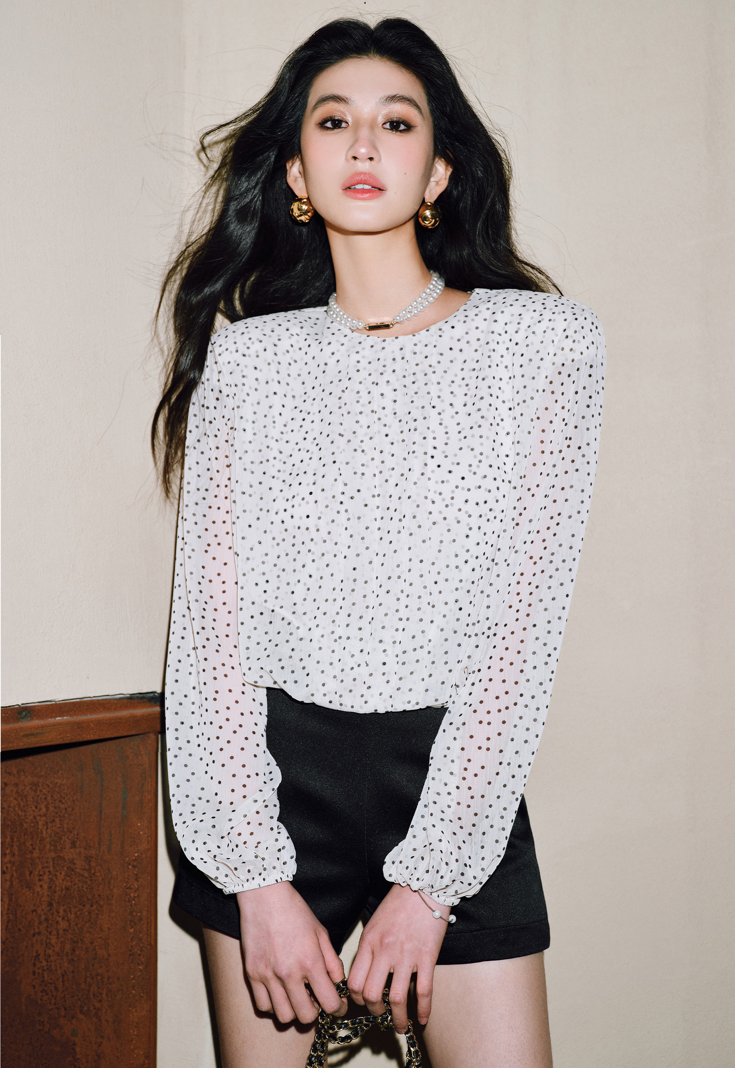 WANGXO Chiffon Blouse with Custom Velvet Polka Dot Print - MAEVE.
