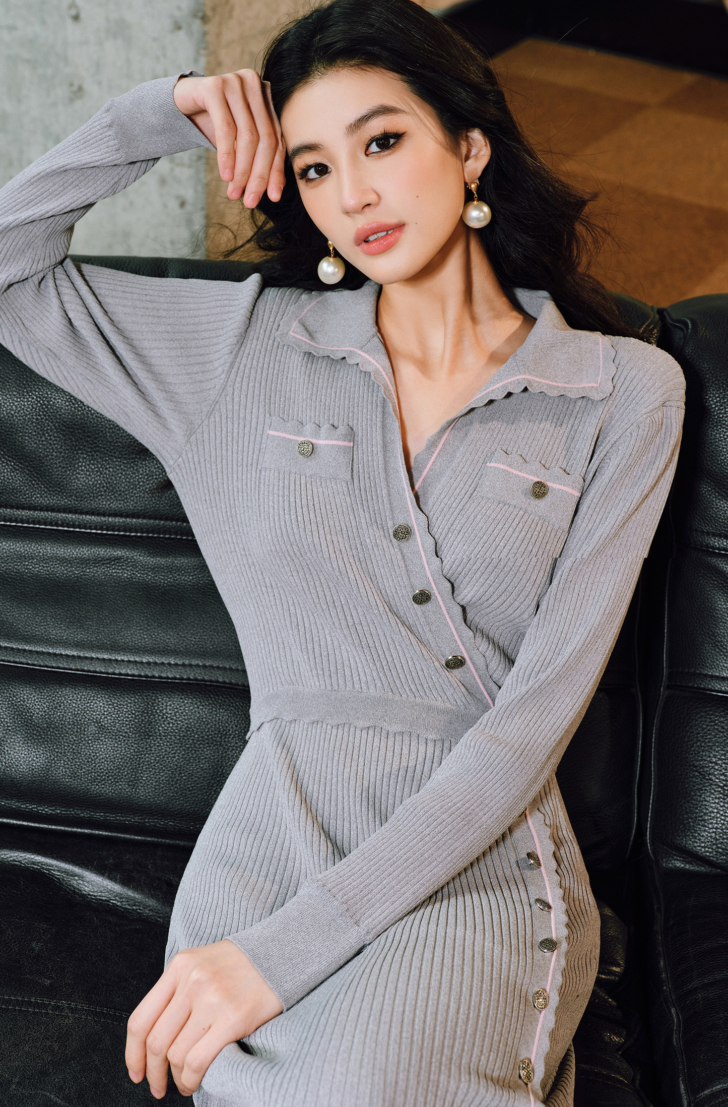 WANGXO | Custom Needle Matte Linen Stripes Slim Knitted Dress -SÉLI.